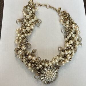 Ann Taylor Signed Statement Necklace Gold Tone Rhinestone Pearl Jewelry